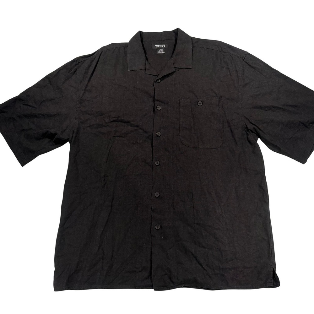 Trust Linen Blend Camp Collar Button Down Shirt 3XL Mens Black Short Sleeve